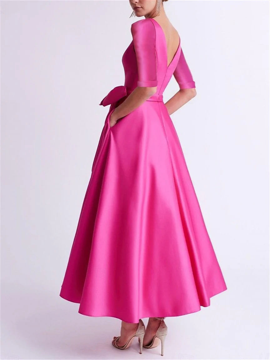 Formal Women's Dresses A-Line/Princess V Neck 3/4 Length Sleeve Tea Length Satin Mother of the Bride Dresses with Bow(s) Prom Dresses Stores